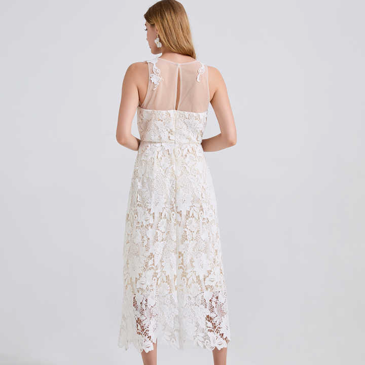 Solmira™ | Transparan Omuzlu Dantel Midi Elbise