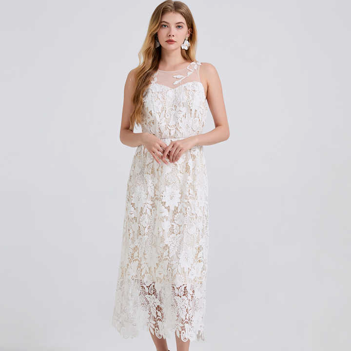 Solmira™ | Transparan Omuzlu Dantel Midi Elbise