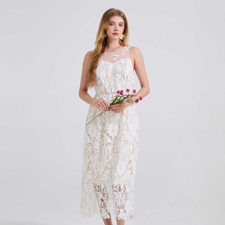 Solmira™ | Transparan Omuzlu Dantel Midi Elbise