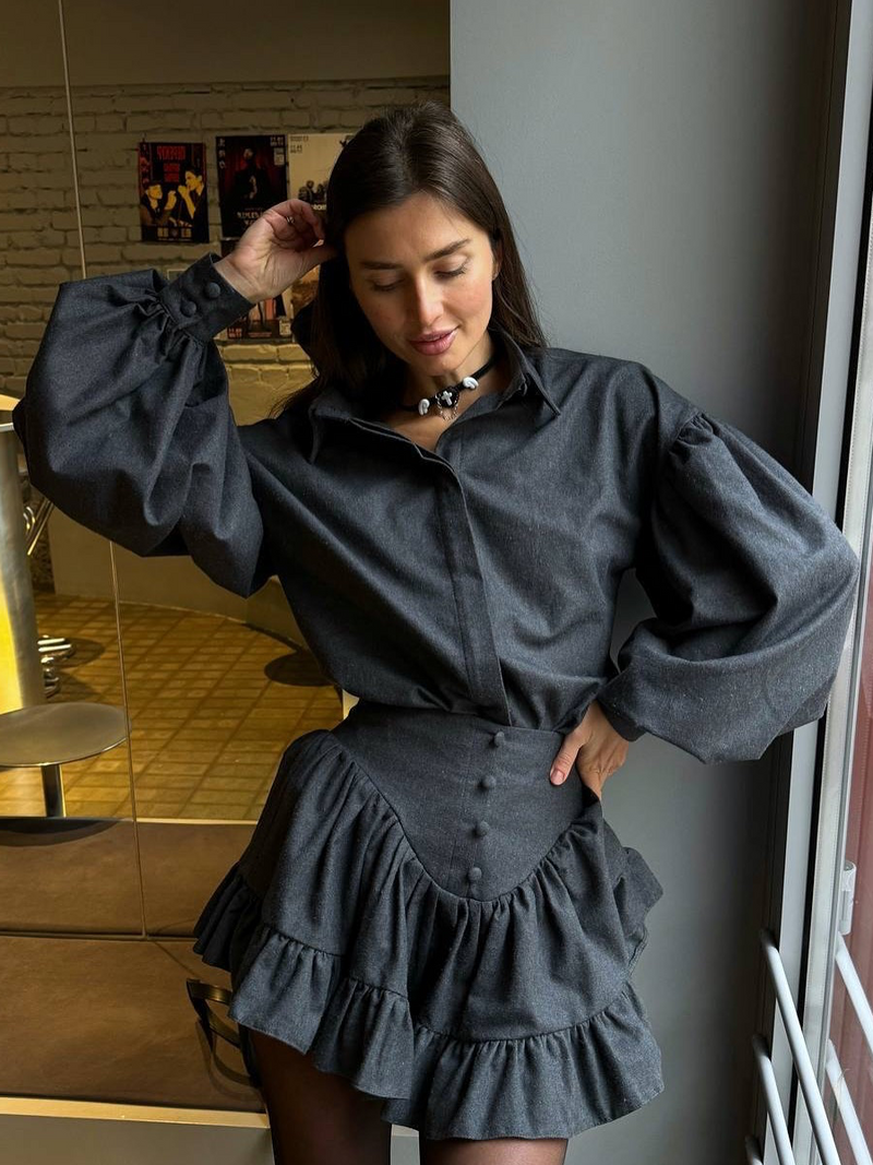 Solmira™ | Pileli Mini Etek & Balon Kol Gömlek Takım