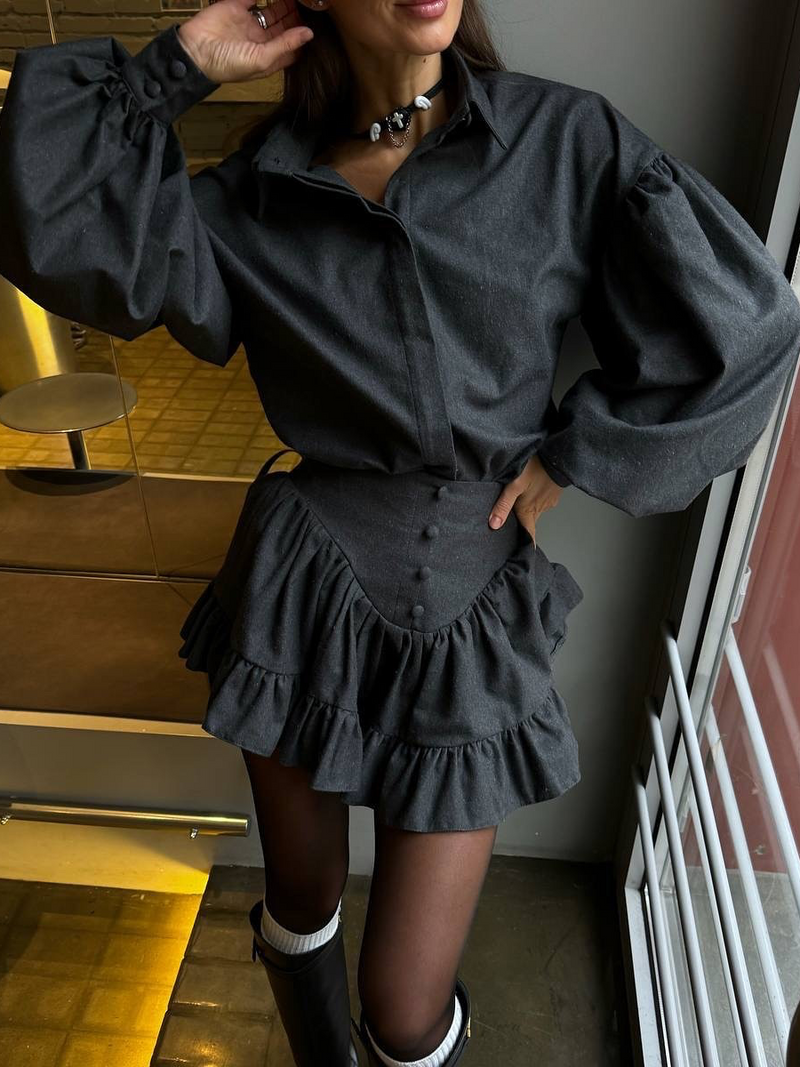 Solmira™ | Pileli Mini Etek & Balon Kol Gömlek Takım