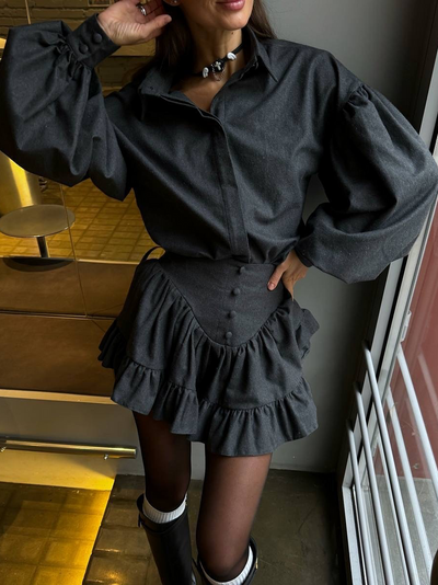 Solmira™ | Pileli Mini Etek & Balon Kol Gömlek Takım