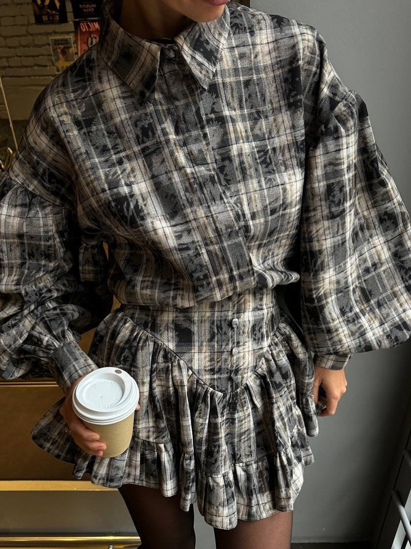 Solmira™ | Pileli Mini Etek & Balon Kol Gömlek Takım