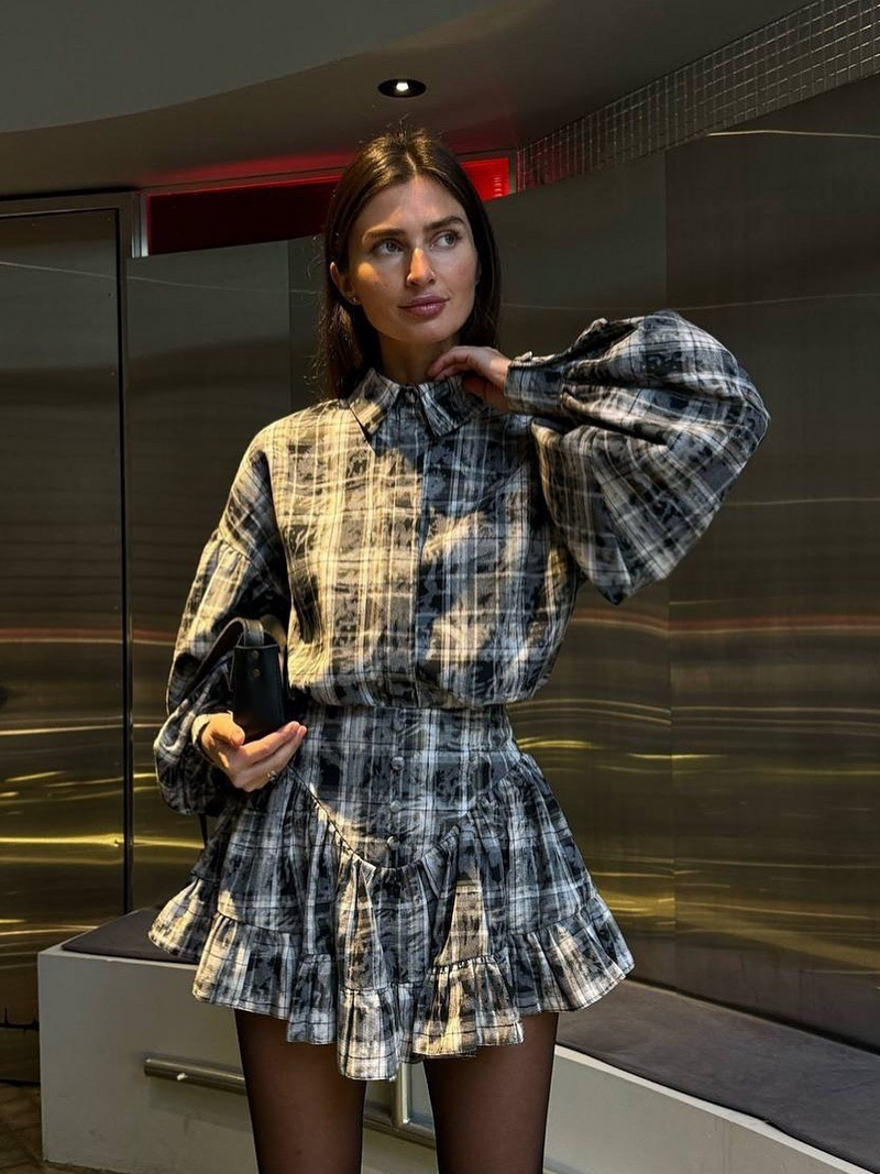 Solmira™ | Pileli Mini Etek & Balon Kol Gömlek Takım