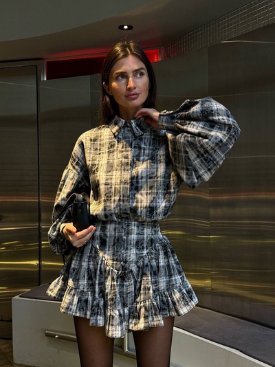 Solmira™ | Pileli Mini Etek & Balon Kol Gömlek Takım