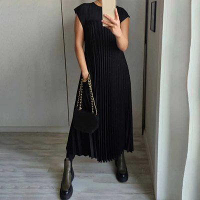 Solmira™ | Zarif Pliseli Uzun Elbise